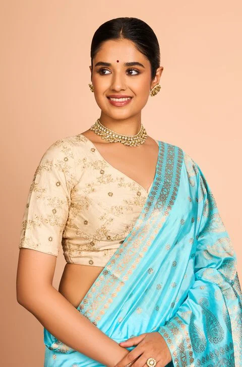 Sky Blue Floral Embroidered Blouse – Cream & Sky Blue